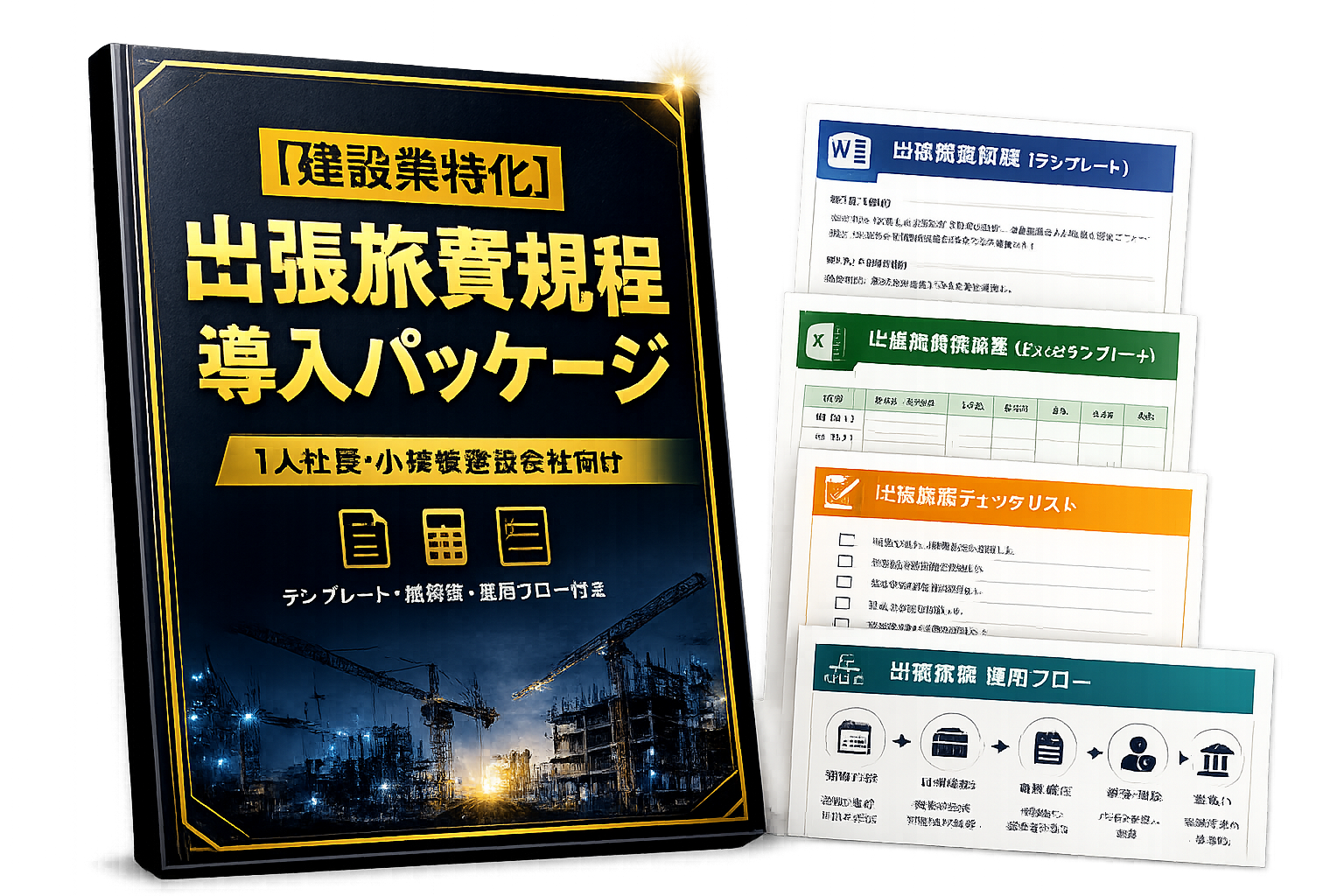 建設業特化 出張旅費規程 導入パッケージの資料モックアップ